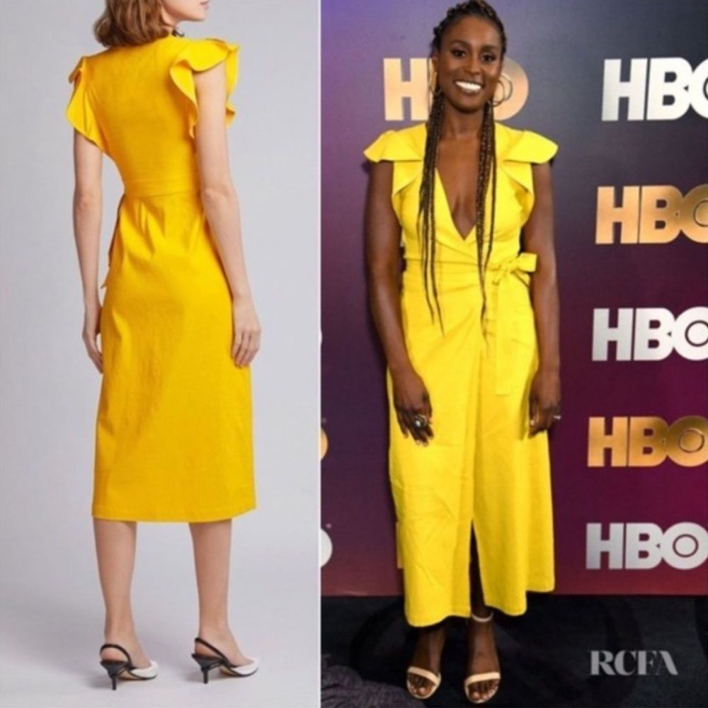 A.L.C. Walker Yellow Linen Blend Wrap Midi Dress Ruffle Sleeve Size 4